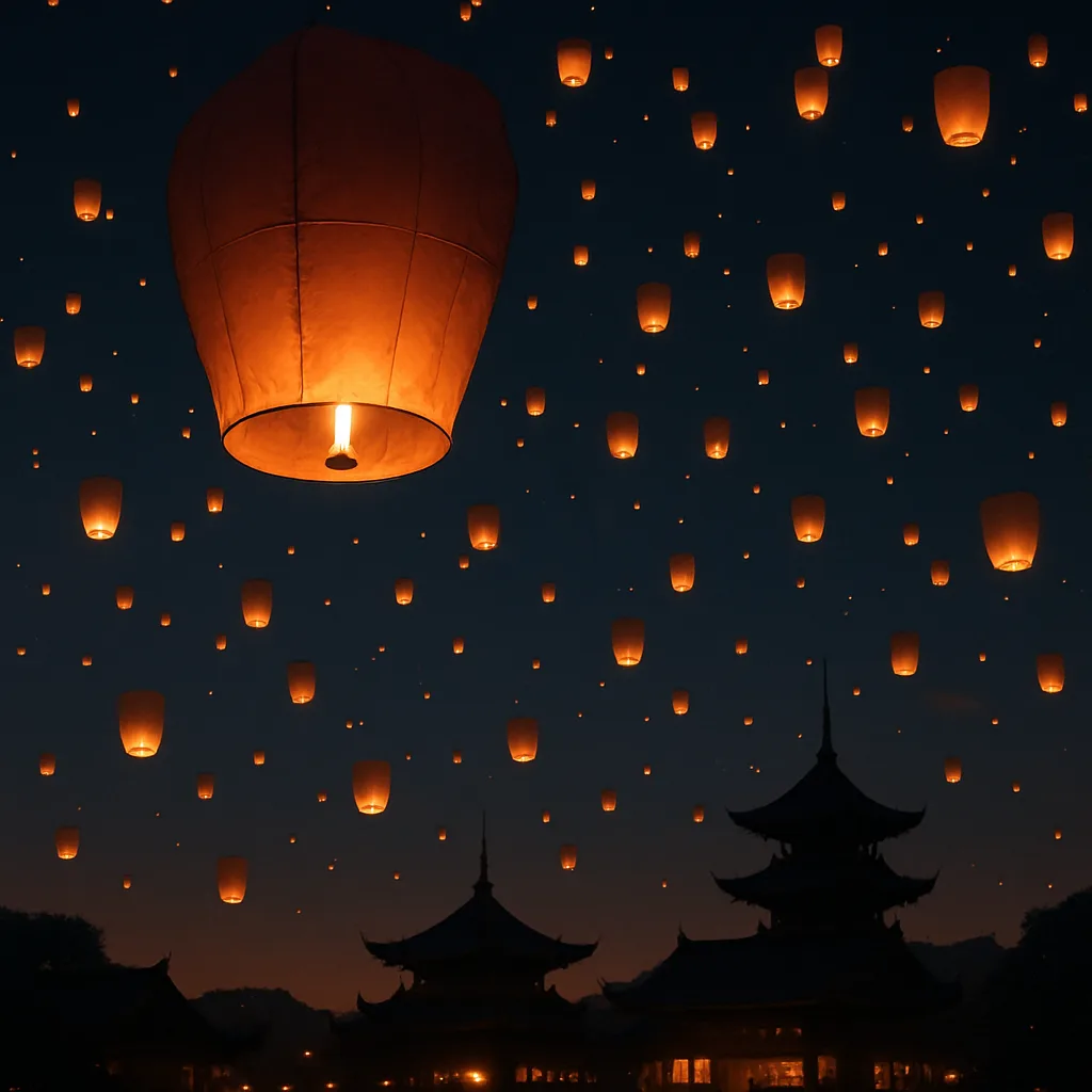 Multitude of Glowing Paper Lanterns Ascend into the Twilight Sky