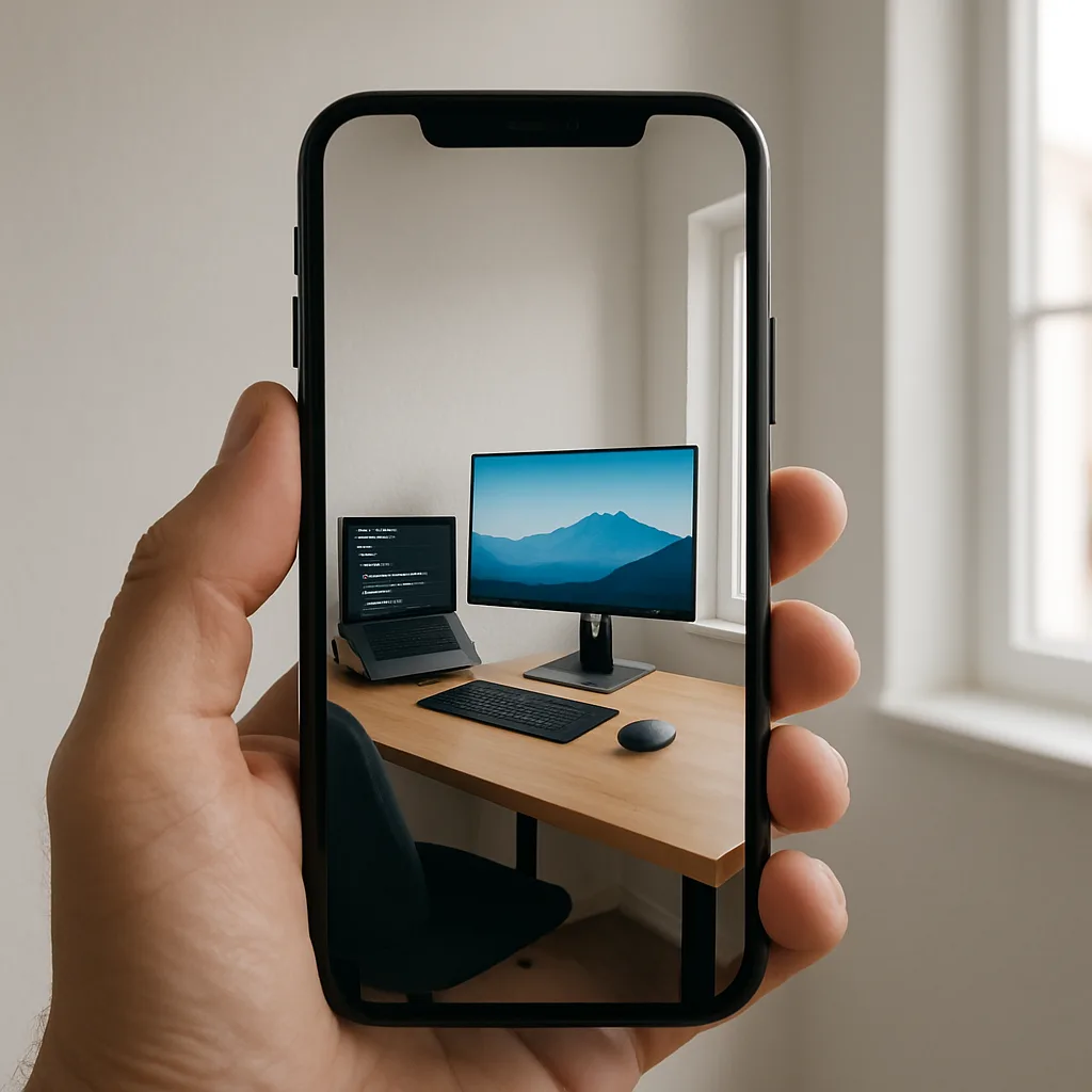 Person Holds a Smartphone Displaying an Image of a Workspace