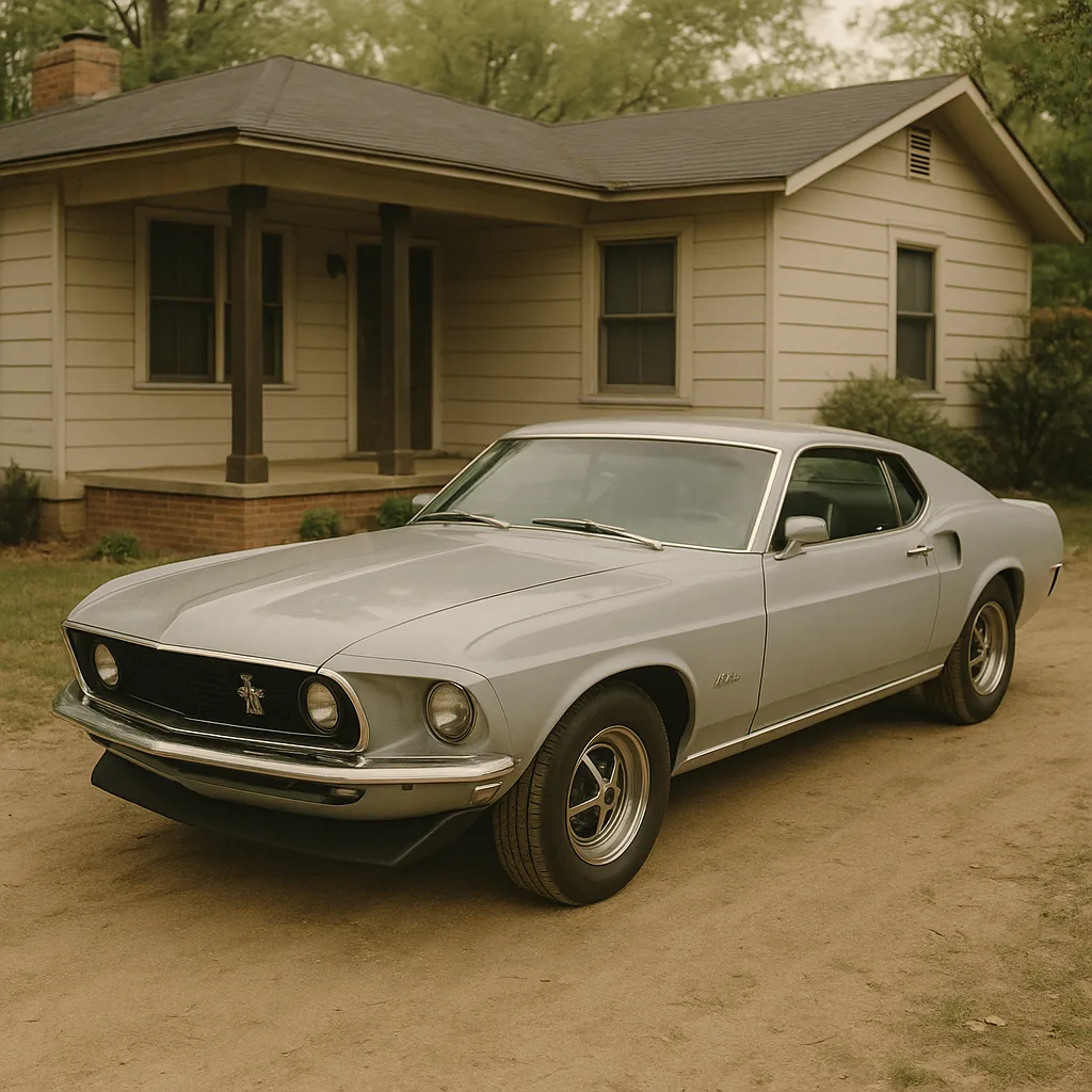 Vintage Light-gray 1969 Ford Mustang Parked on a Dirt Driveway