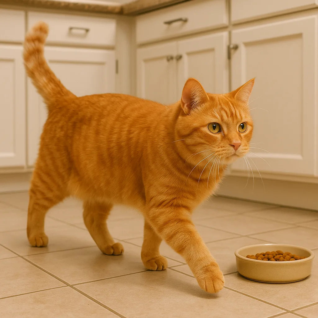 Ginger-colored Cat Walking Leisurely on a Tiled Floor