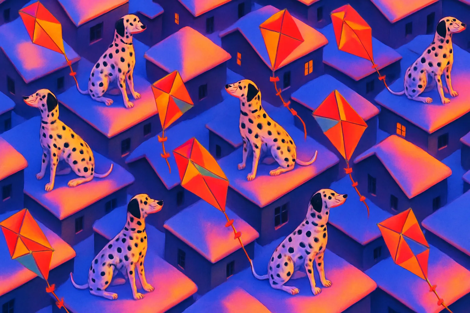 Repeating Dalmatian and Kite Pattern Blankets Snowy Rooftops