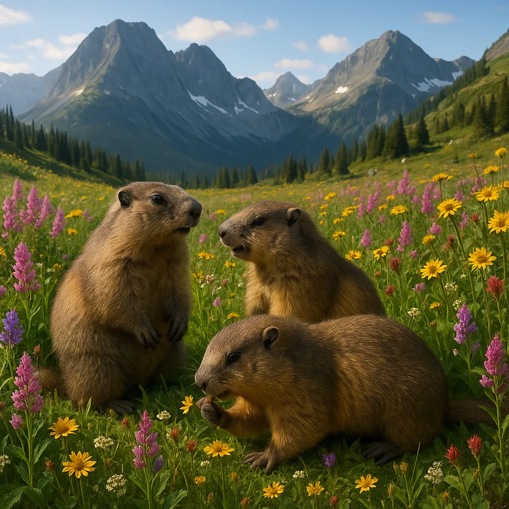 Idyllic Mountain Grassland Where Marmots Frolic Among Vibrant Wildflowers