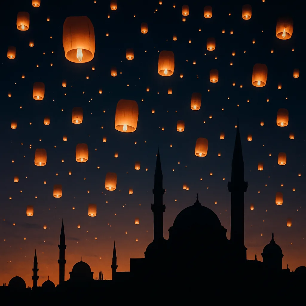 Innumerable Glowing Lanterns Drift Slowly Upwards into a Twilight Sky