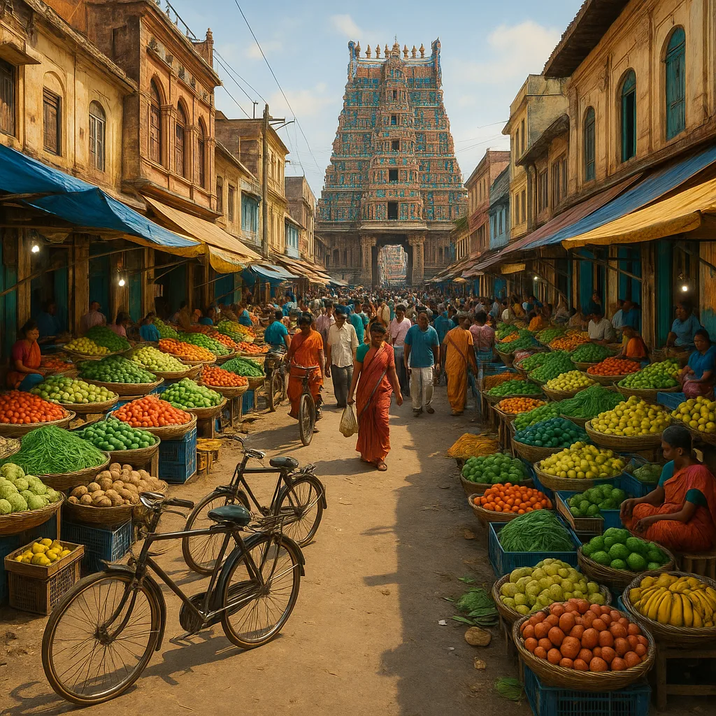 Bustling Indian Street Market Lined with Colorful Produce Stalls