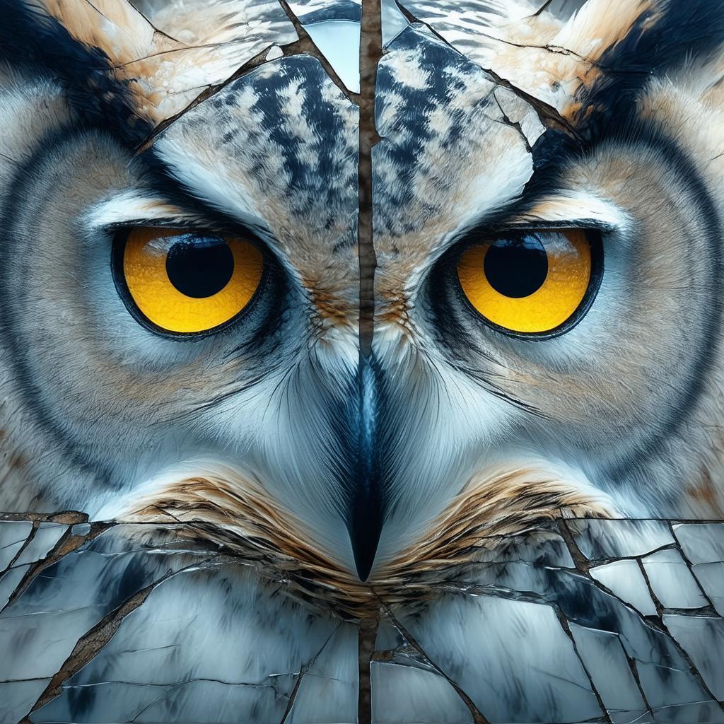 Owl Eyes Reflected in Shattered Mirror Shards