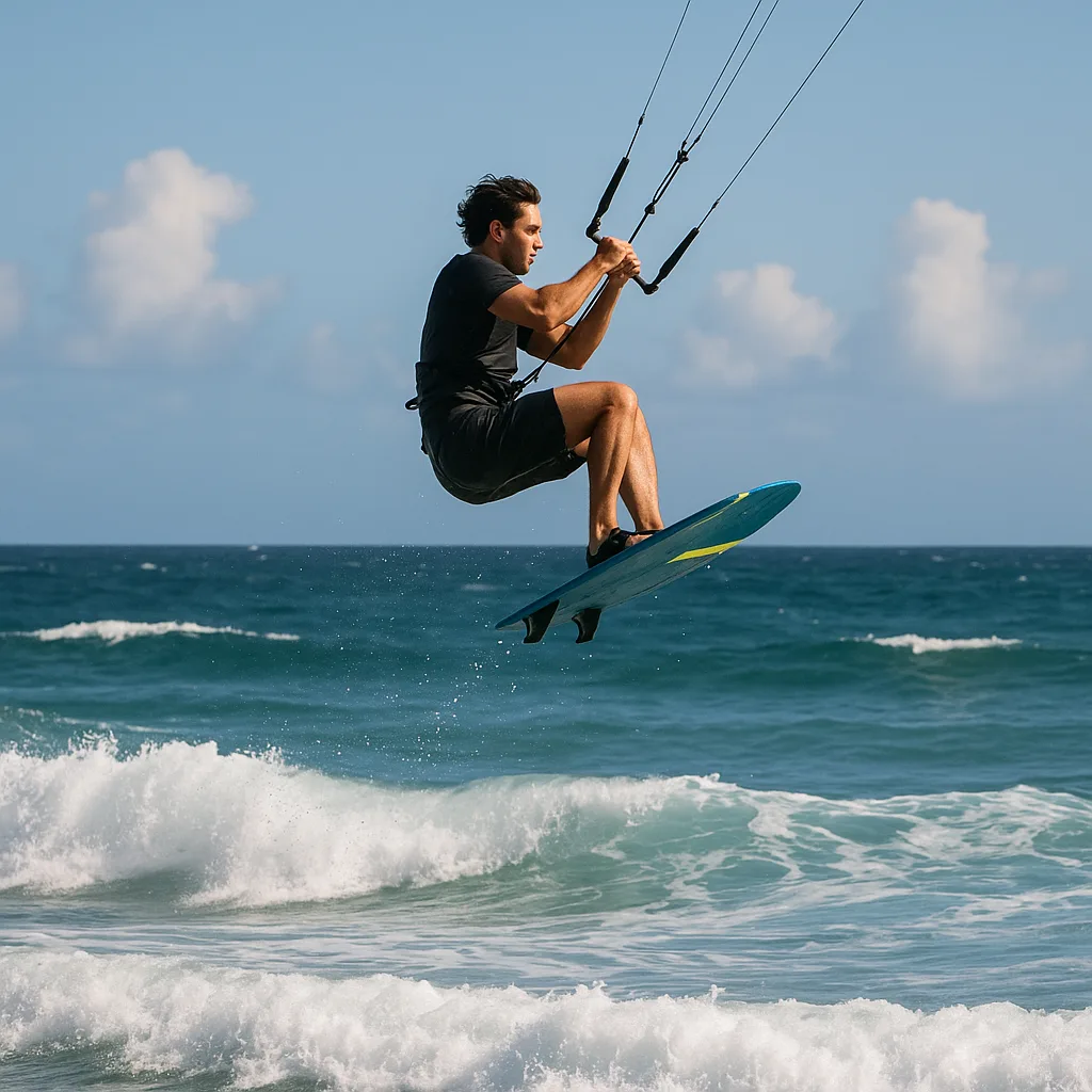 Person Is Kiteboarding over Ocean Waves