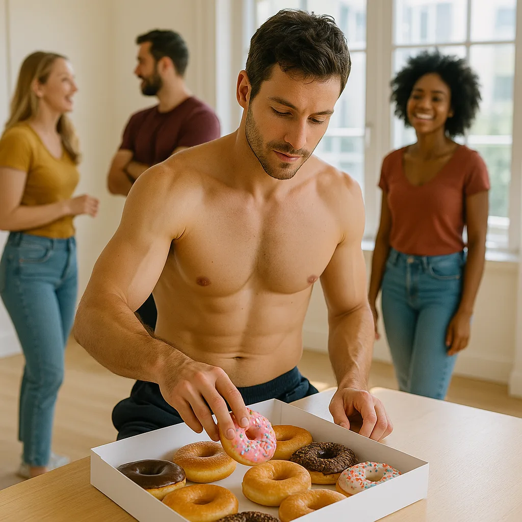 Shirtless Man Selects a Donut