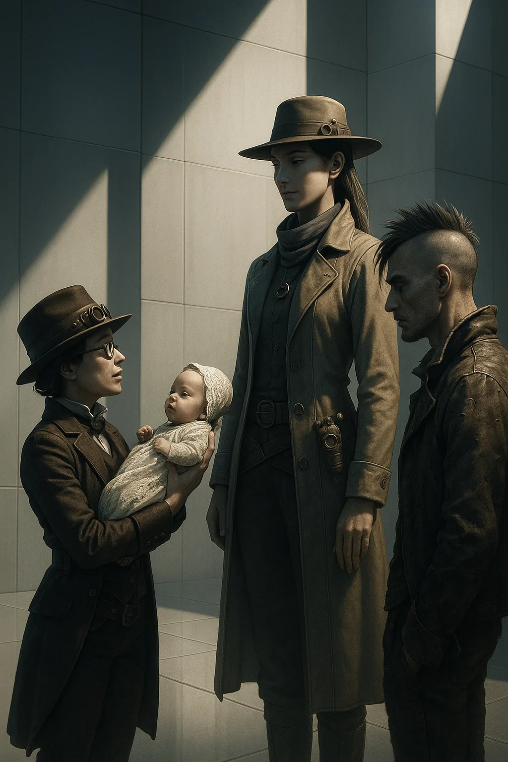Petite Steampunk Leader in a Fedora Presents a Lace-clad Infant