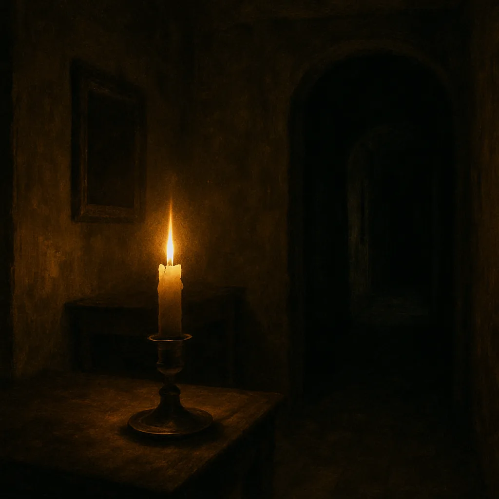 Softly Flickering Candle Cast its Light into the Shadow-filled Hallway