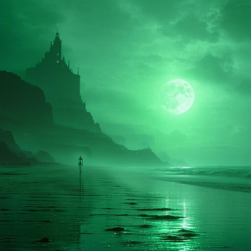Skeletal Figure Haunts a Green Glowing Midnight Beach