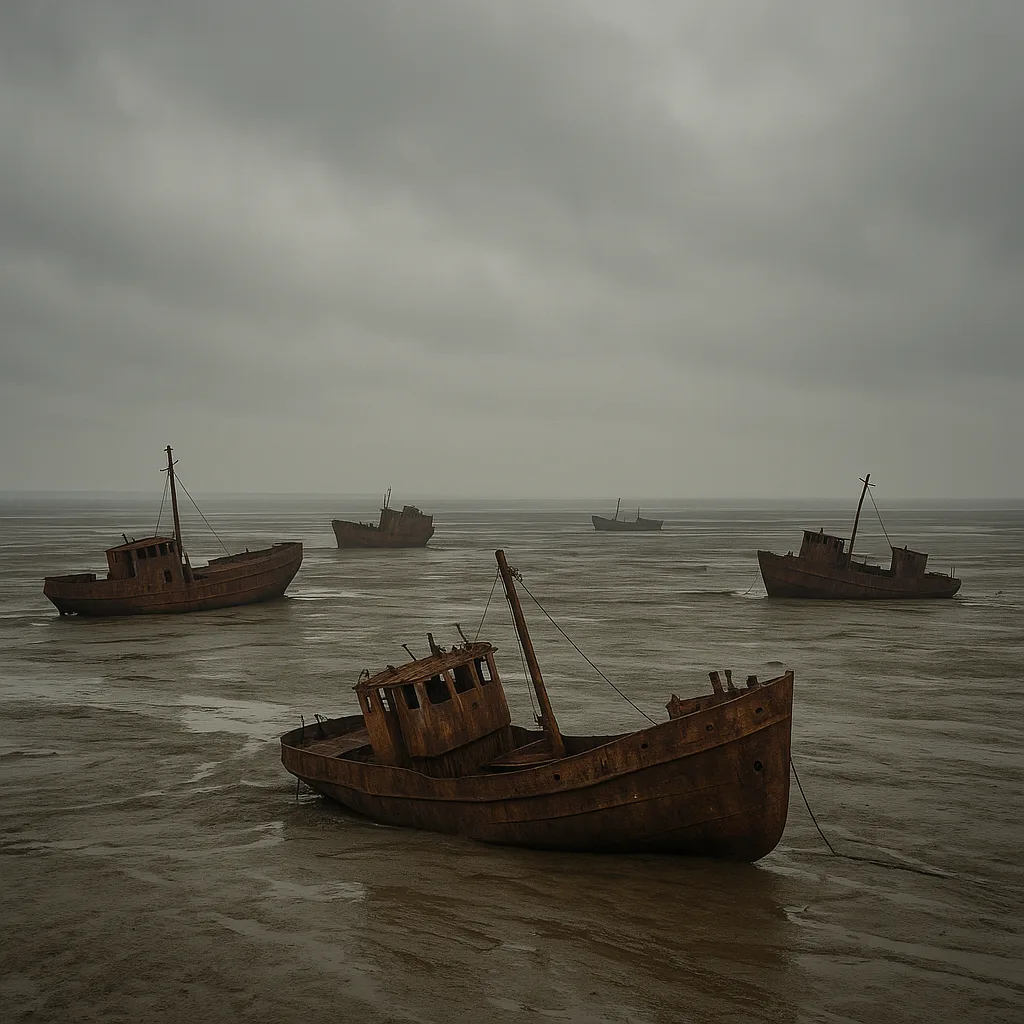 Several Derelict Ships Lie Scattered and Rusting on a Vast