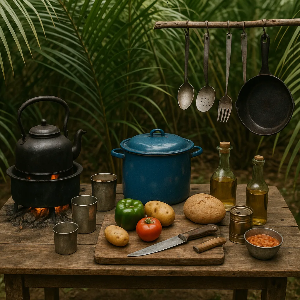 Makeshift Outdoor Kitchen Setup with Miscellaneous Utensils