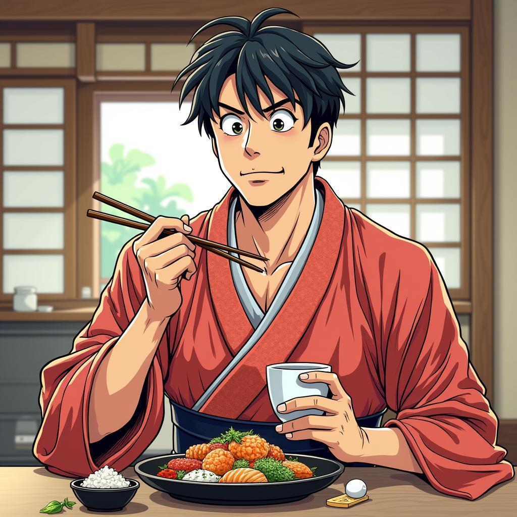 Yukata Clad Man Savors Sushi in Cozy Cottage