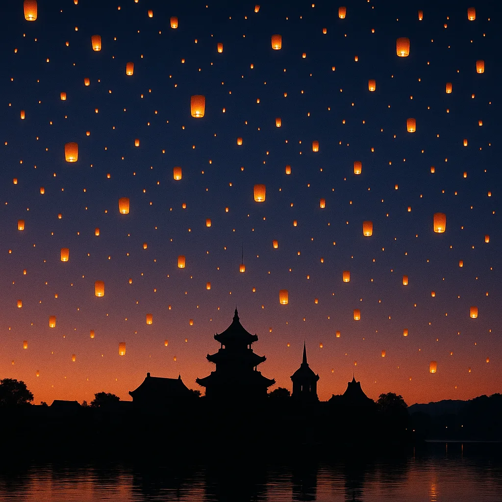 Myriad Distant Lanterns Float Serenely Upwards into a Twilight Sky