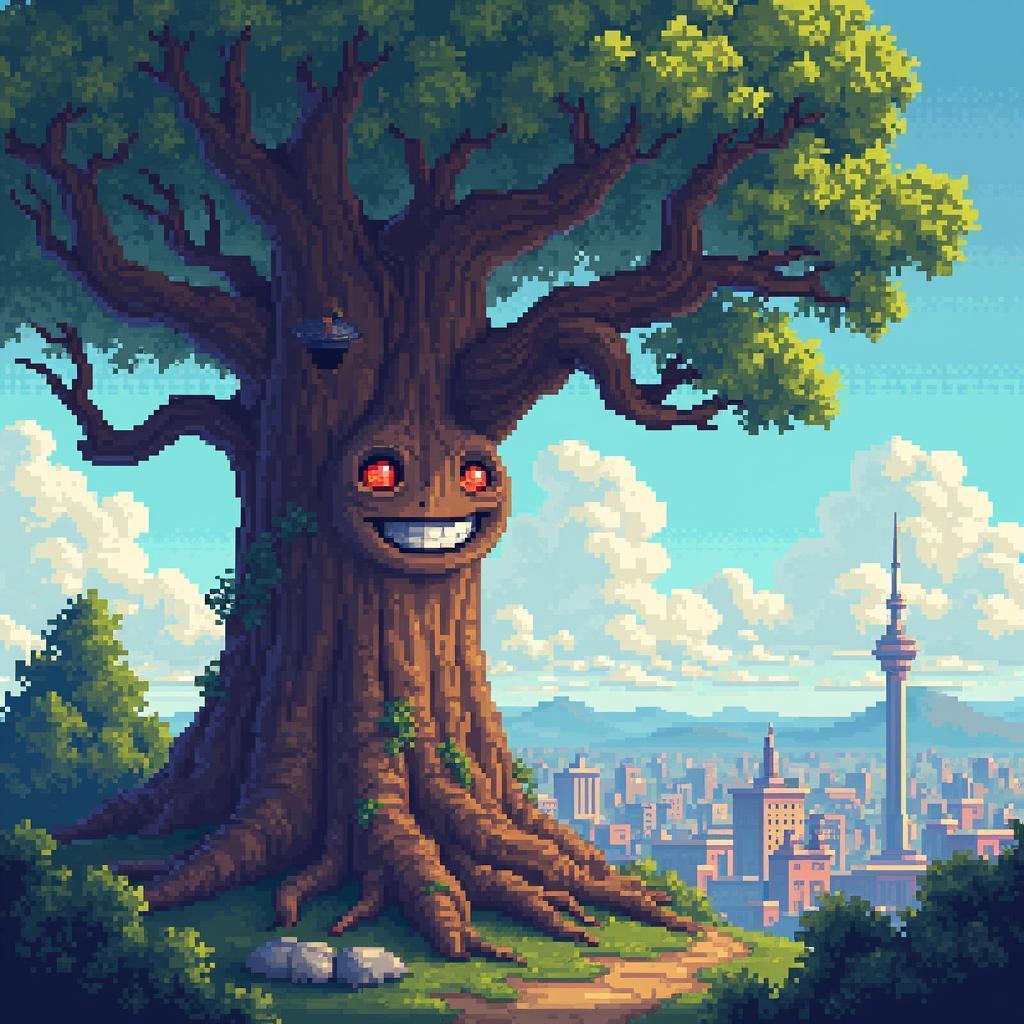 Smiling Pixel Tree Watches Over Bustling City