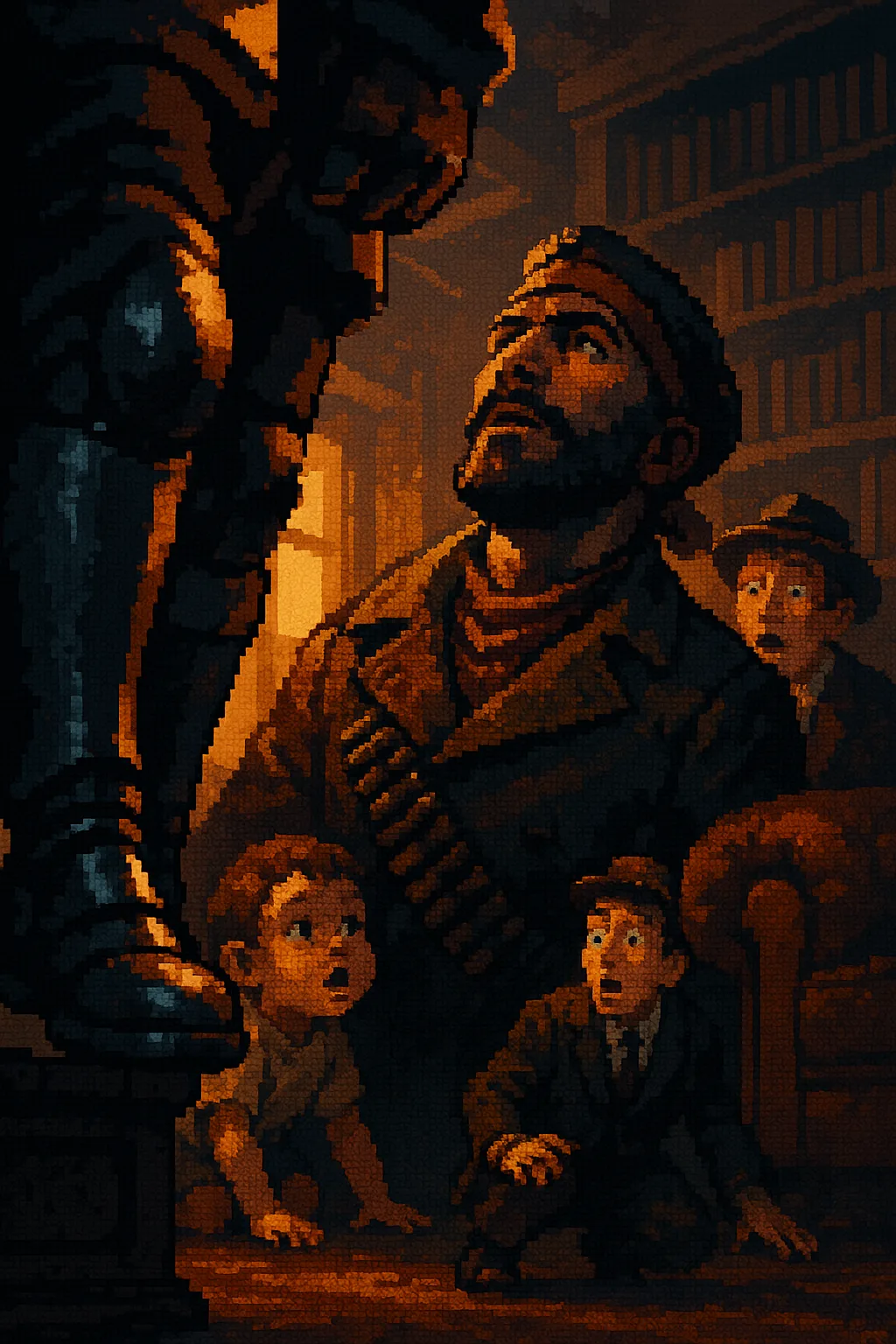 Armored Revolutionary's Hopeful Skyward Gaze Captivates a Pixel-art Figure