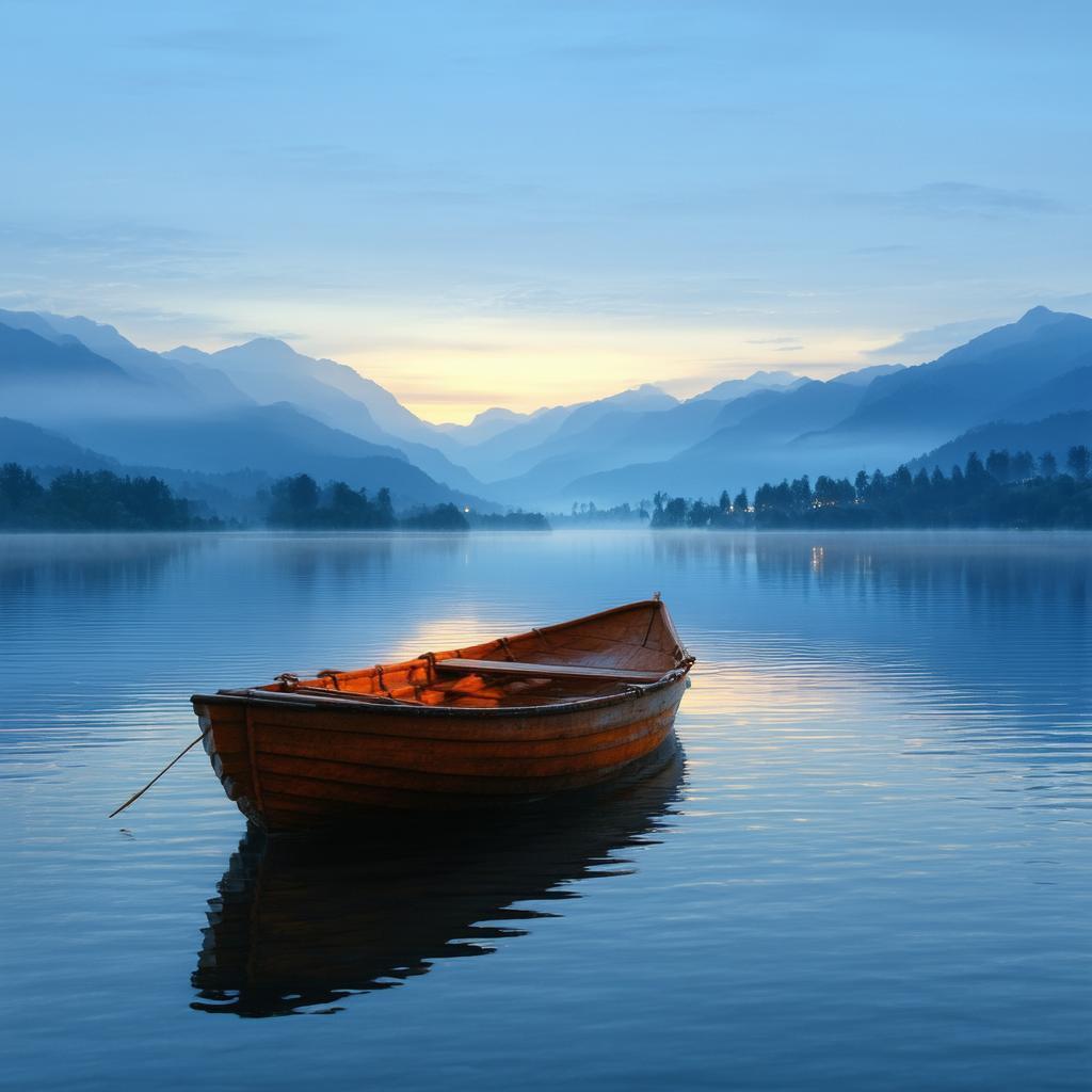 Lone Rowboat Drifts on a Twilight Mirror Lake
