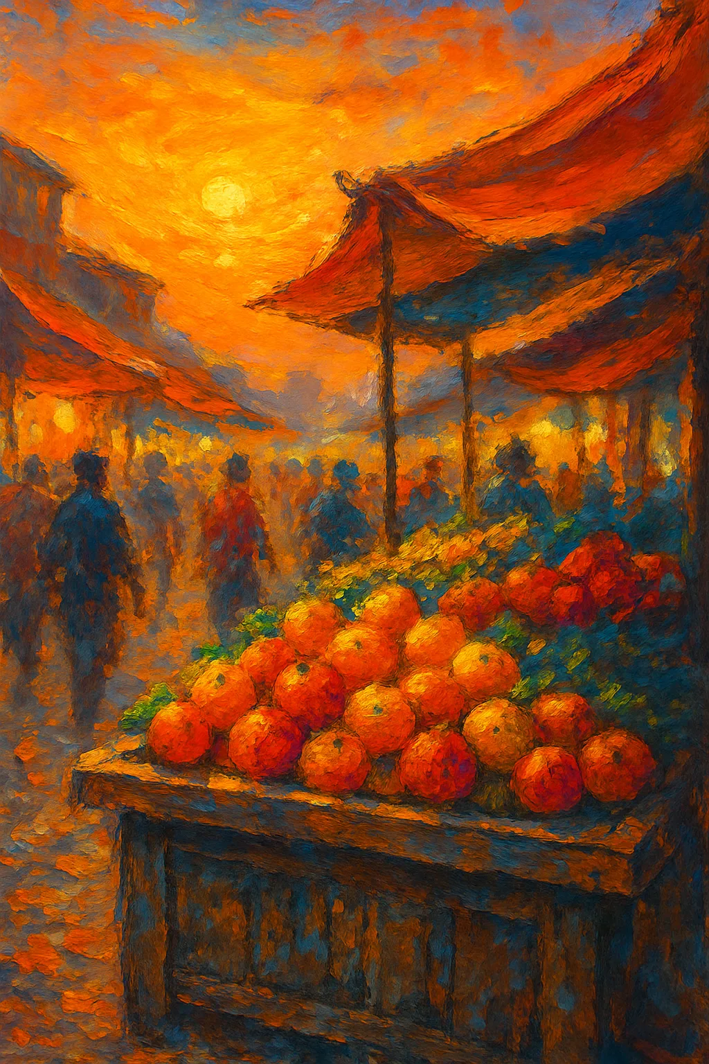 Evocative Oil Painting Portrays a Lively Market Scene at Sunset