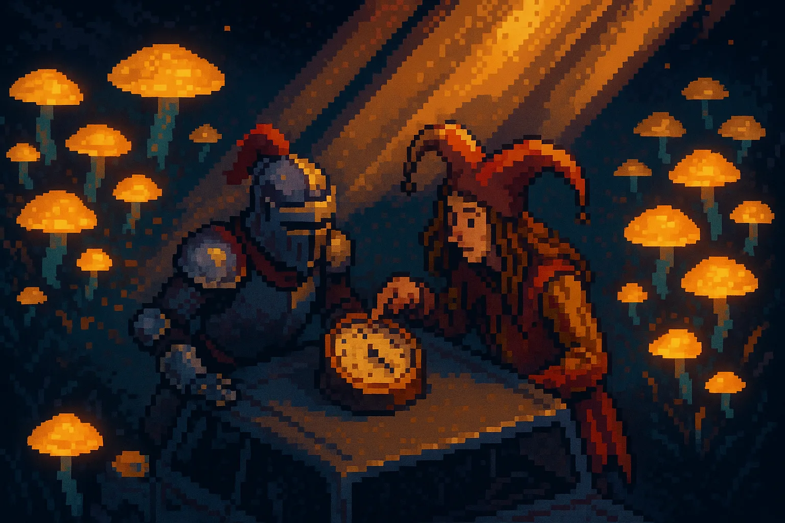 Pixel-art Knight and Long-haired Jester Consult a Barometer