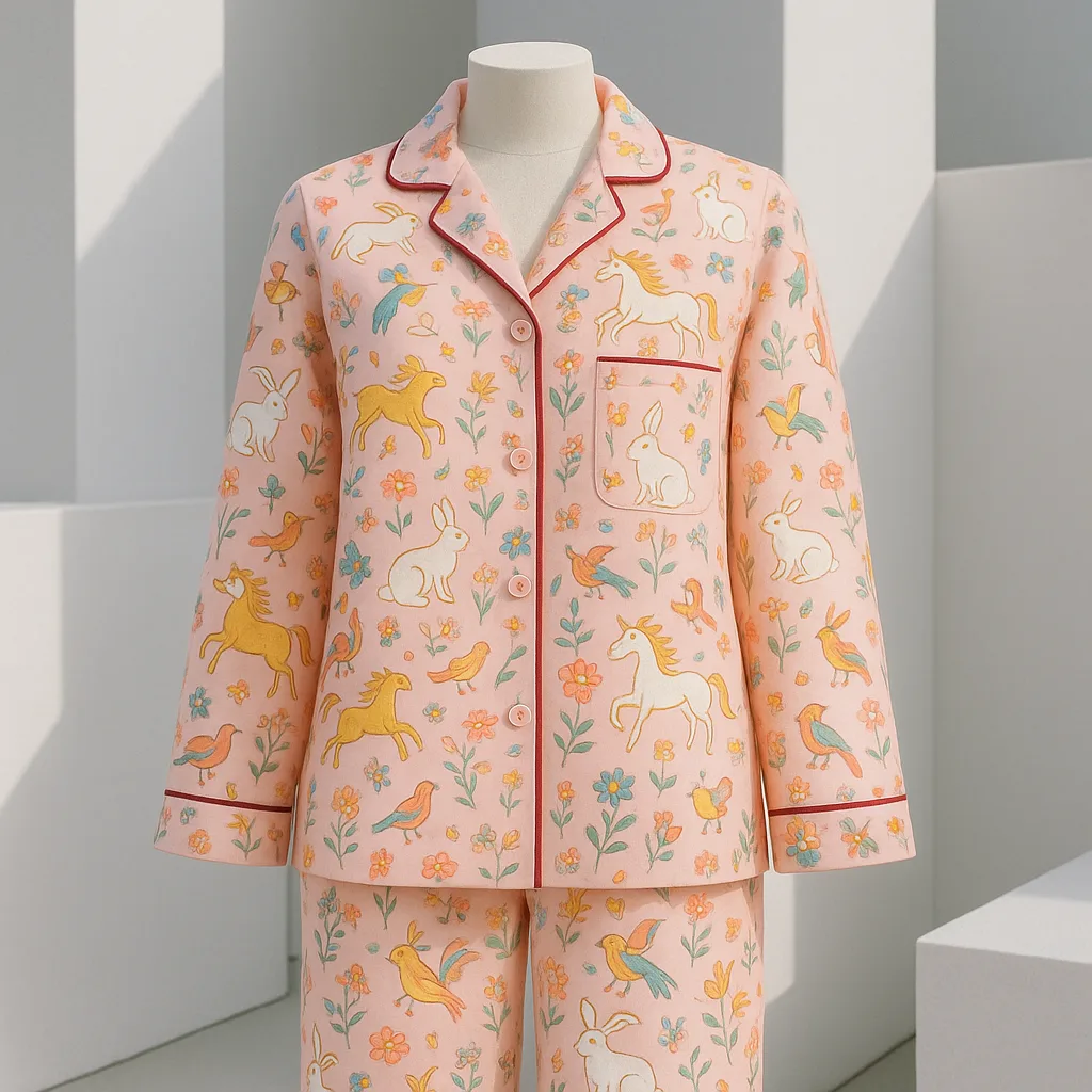 Ornately Detailed Pastel Pink Pajama with Whimsical Animal Motifs