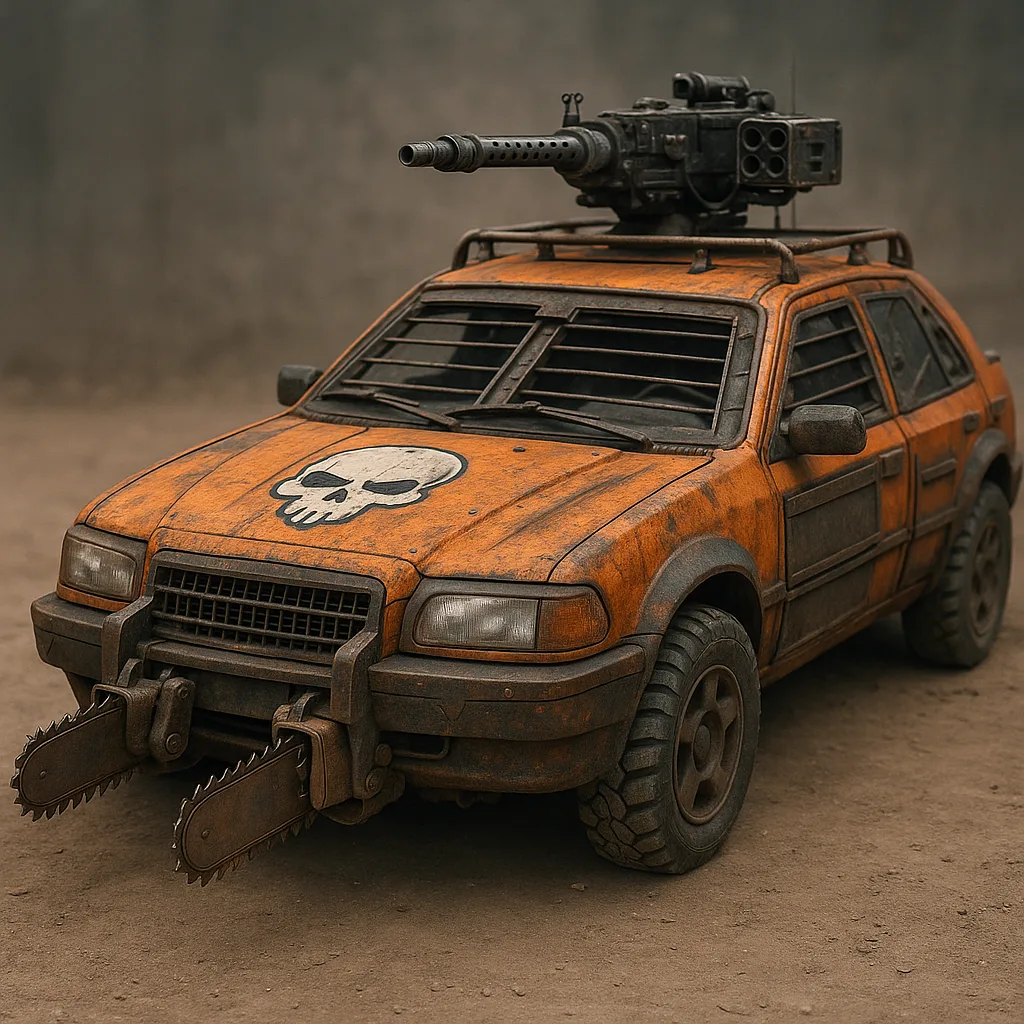 Orange Armored Car with Chainsaws Mounted on the Front
