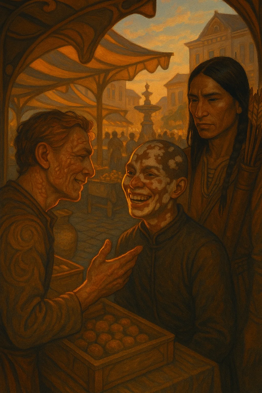 Sharp Right-side Twilight Illuminates an Art Nouveau Vendor's Raised Scars