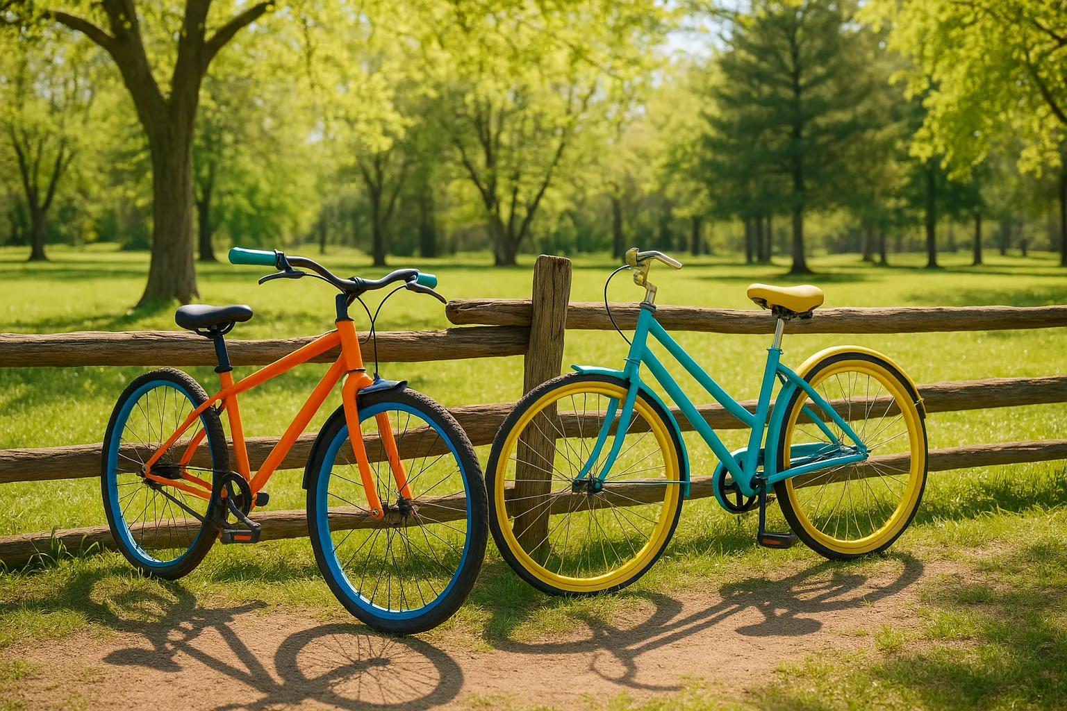 Two Vibrant Bicycles Propped Against a Weathered Wooden Fence