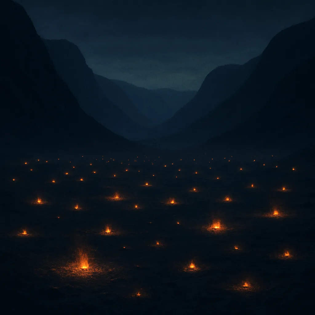 Many Distant Campfires Flicker Like Scattered Embers Across a Vast