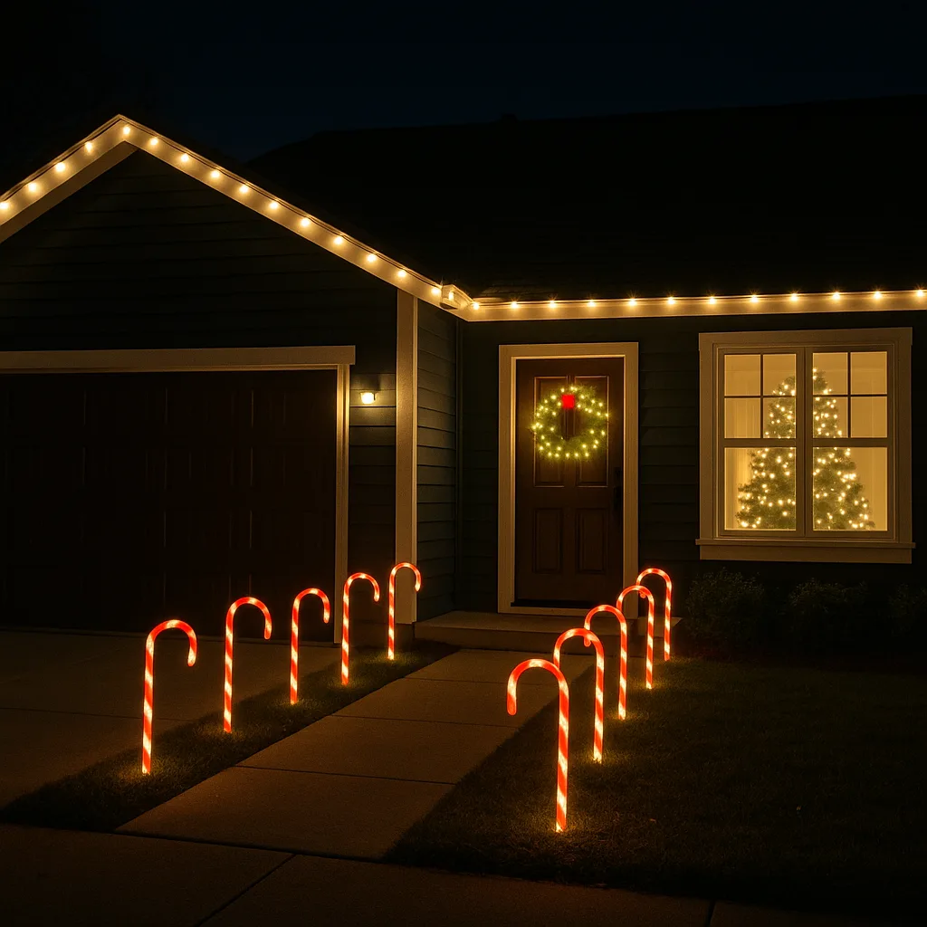 House Decorated with Glowing Candy Canes
