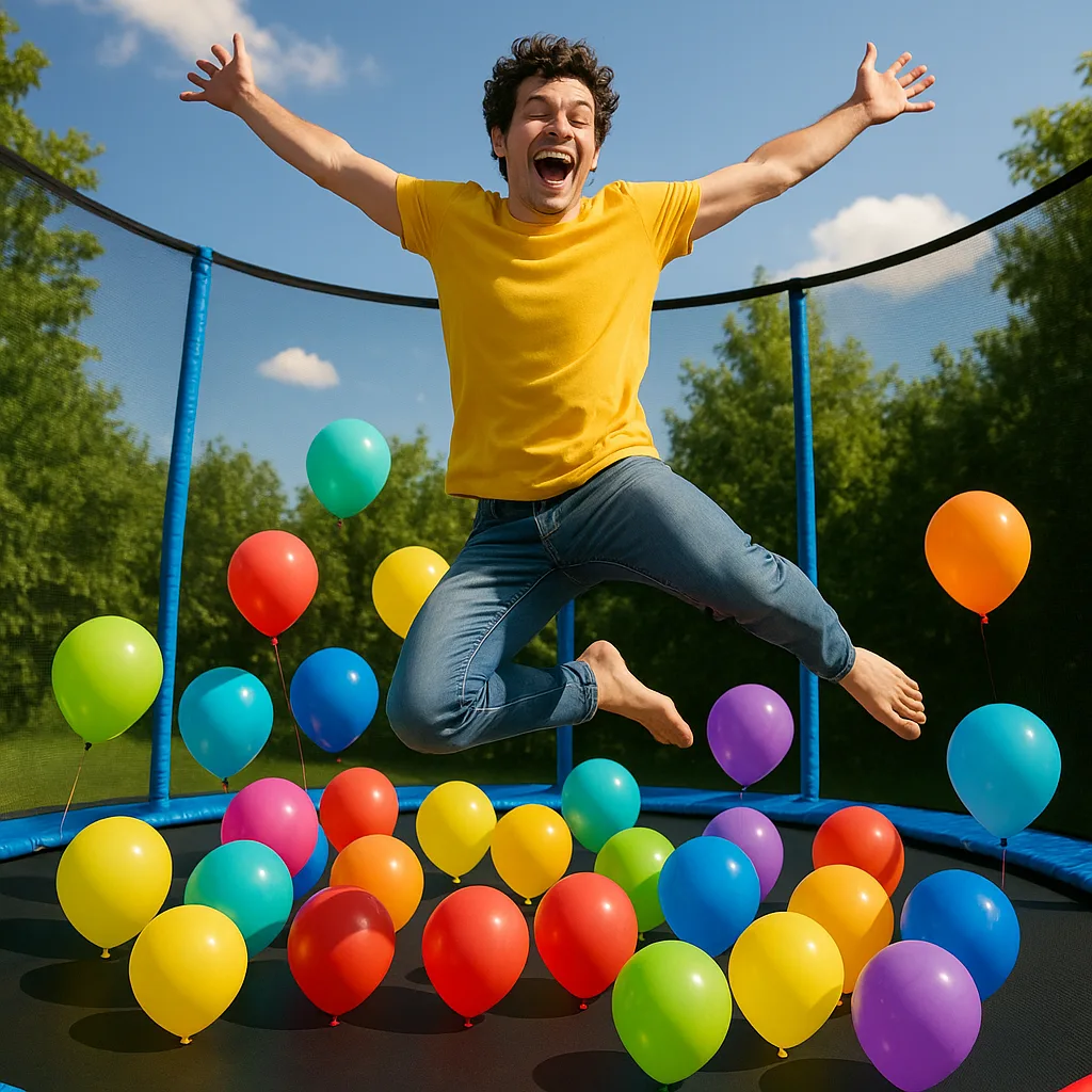 Cheerful Individual Is Jumping with Excitement on a Lively Trampoline
