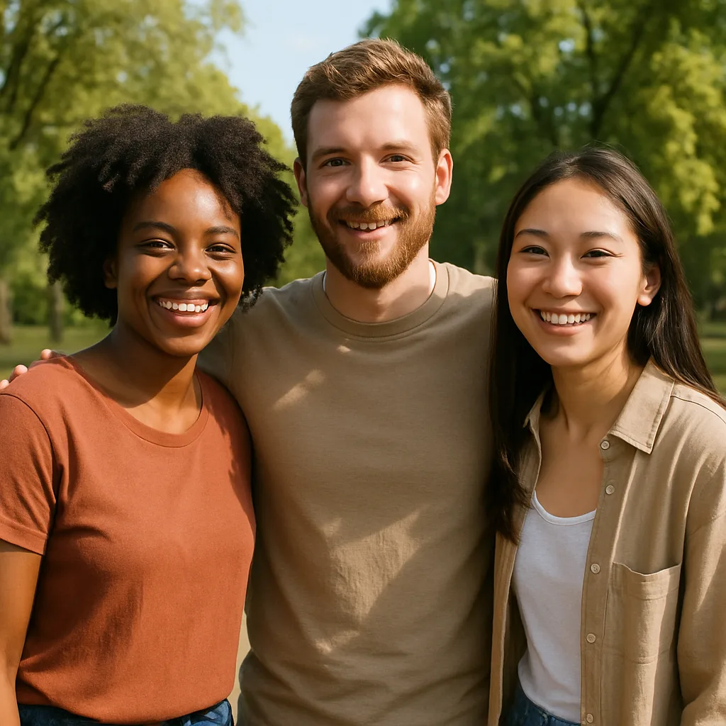 Depiction of Three Individuals Standing Side by Side Outside