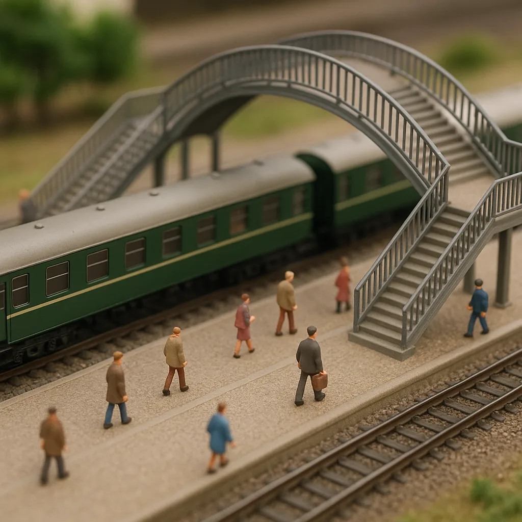 Miniature Train Station Scene Featuring Green Train Carriages