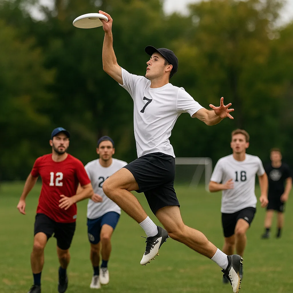 Man in a White Jersey Jumps to Catch a Frisbee