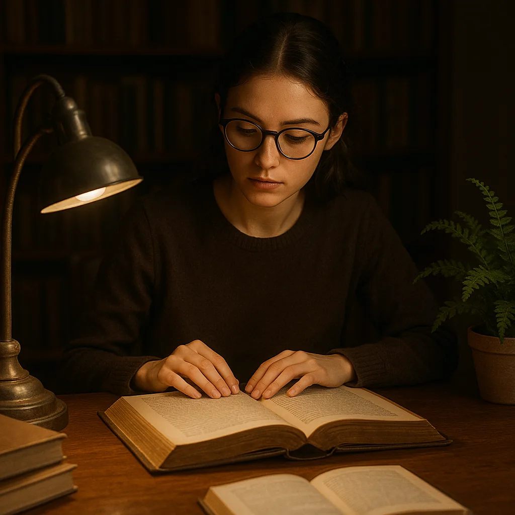 Diligent Young Woman Wearing Oval-shaped Glasses Is Deeply