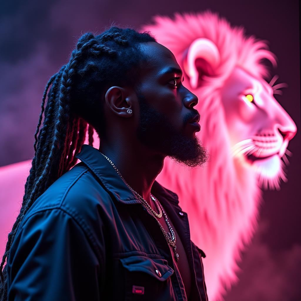 Dreadlocked Cyber Prophet and His Glowing Neon Lion