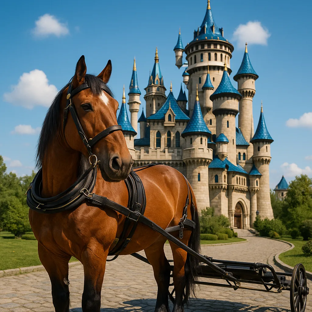 Harnessed Horse Stands in Front of a Fairytale-style Castle