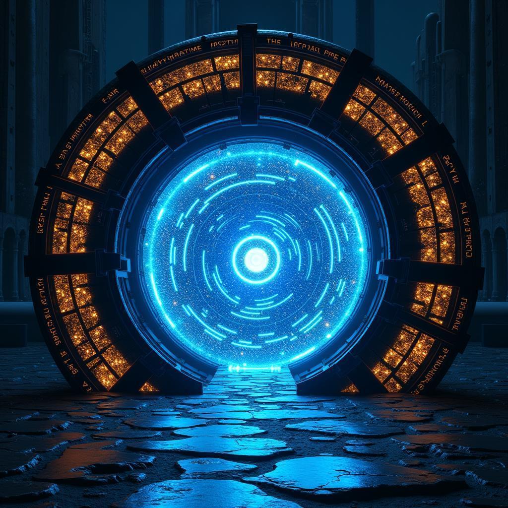Black and Gold Neon Portal on Electric Blue