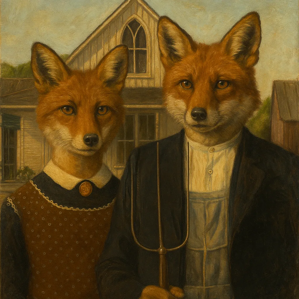 Detailed Oil Painting of Two Upright Foxes Posed to Imitate