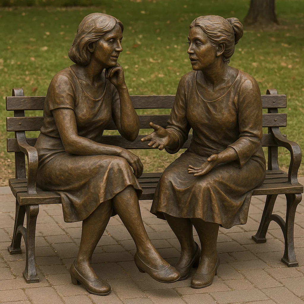 Bronze Artwork Depicting Two Women Sitting on a Park Bench