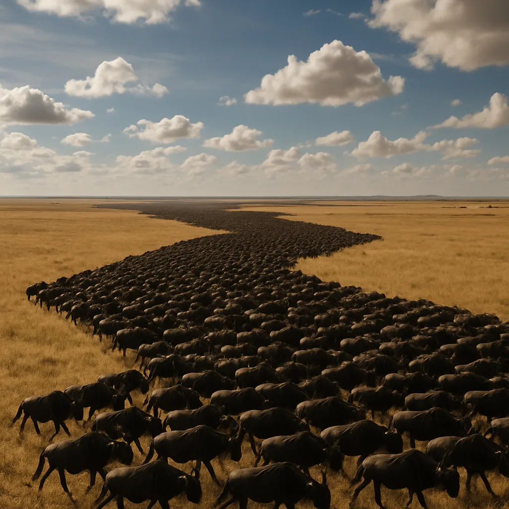 Thousands of Migrating Wildebeest Appear as a Vast