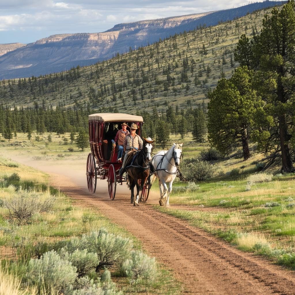 Determined Travelers Ride a Stagecoach Through Old West