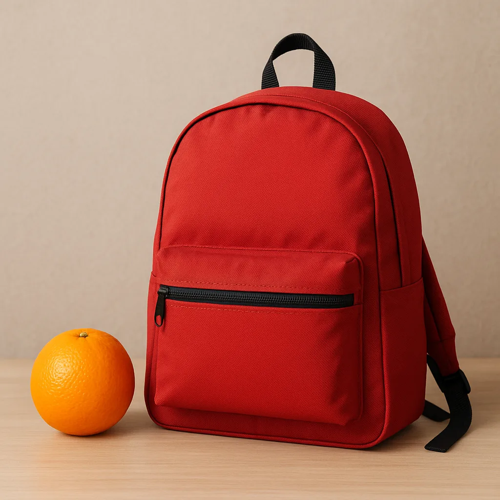 Orange with a Red Backpack Positioned to its Right