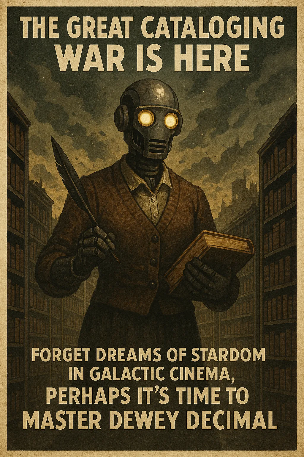 Retro-futuristic Poster Featuring a Humanoid Robot with Illuminated Eyes