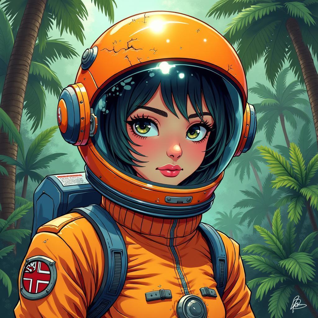 Manga Astronaut With Broken Tangerine Helmet in Jungle