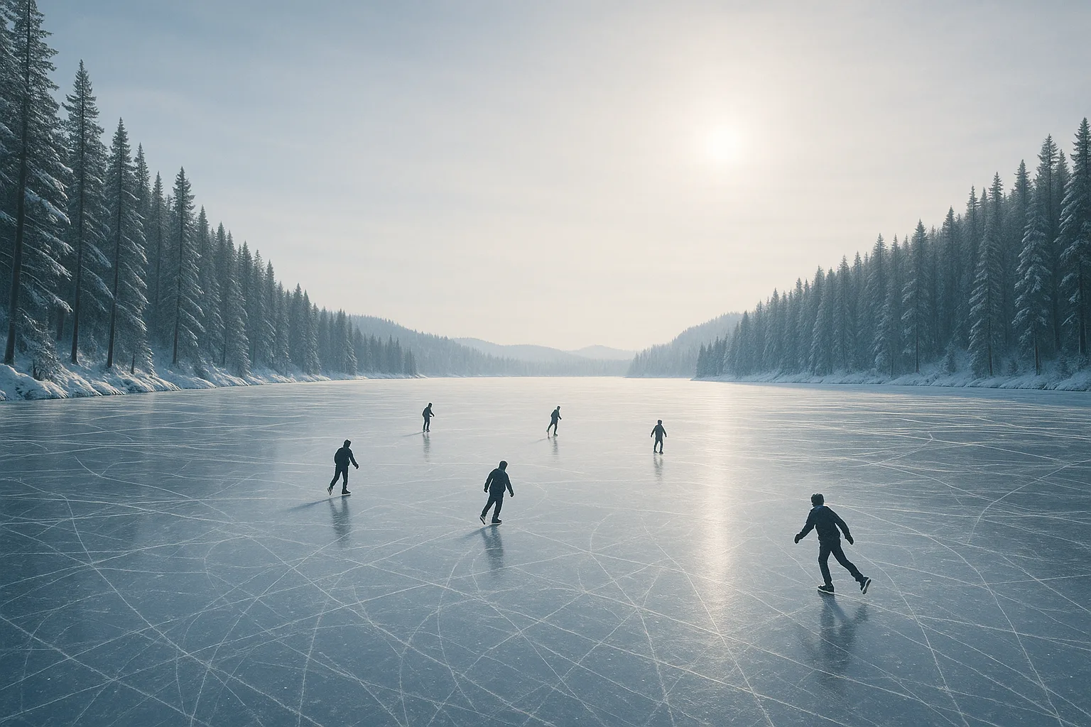 Several Tiny Figures Ice Skate on a Vast