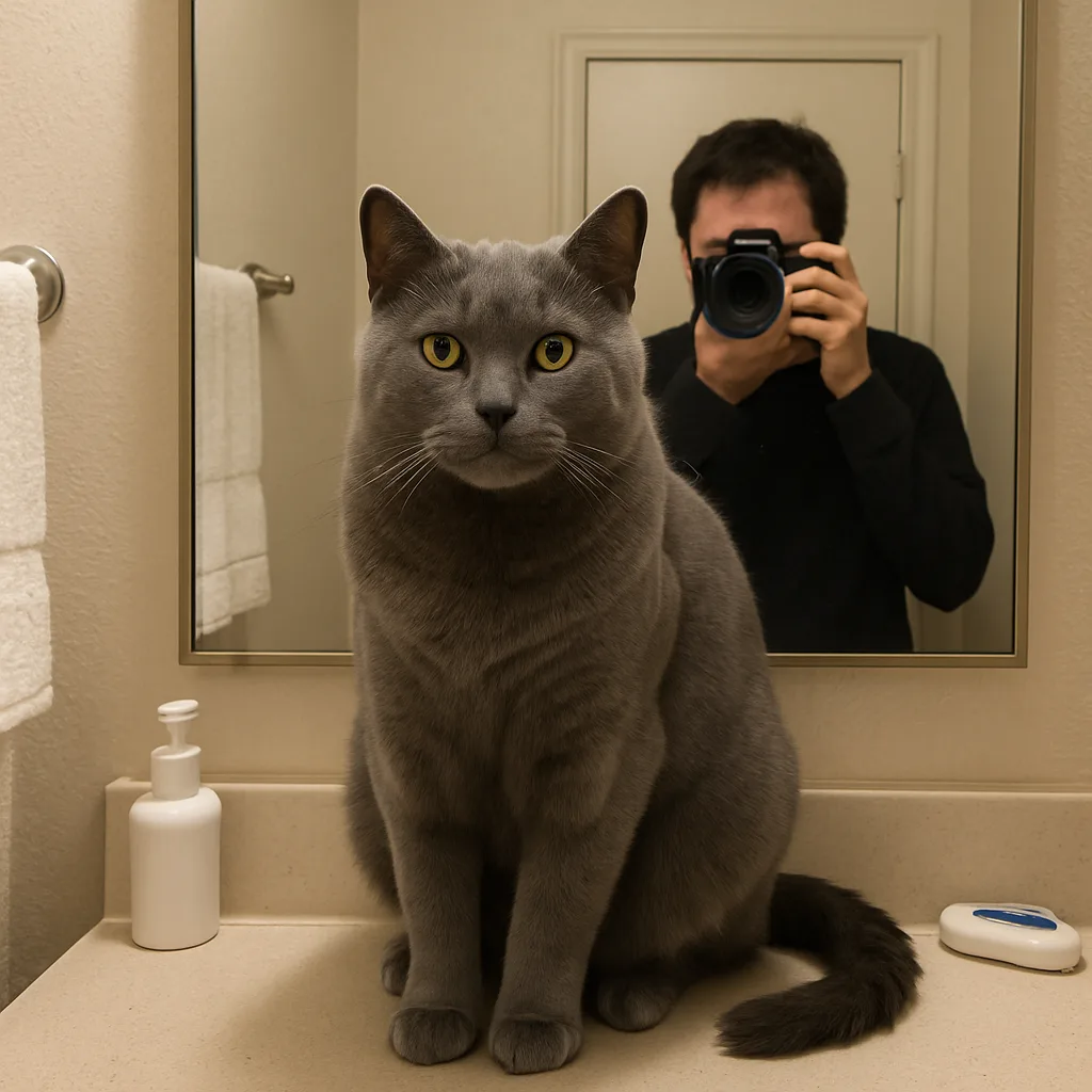 Gray Cat Sits on a Bathroom Counter in Front