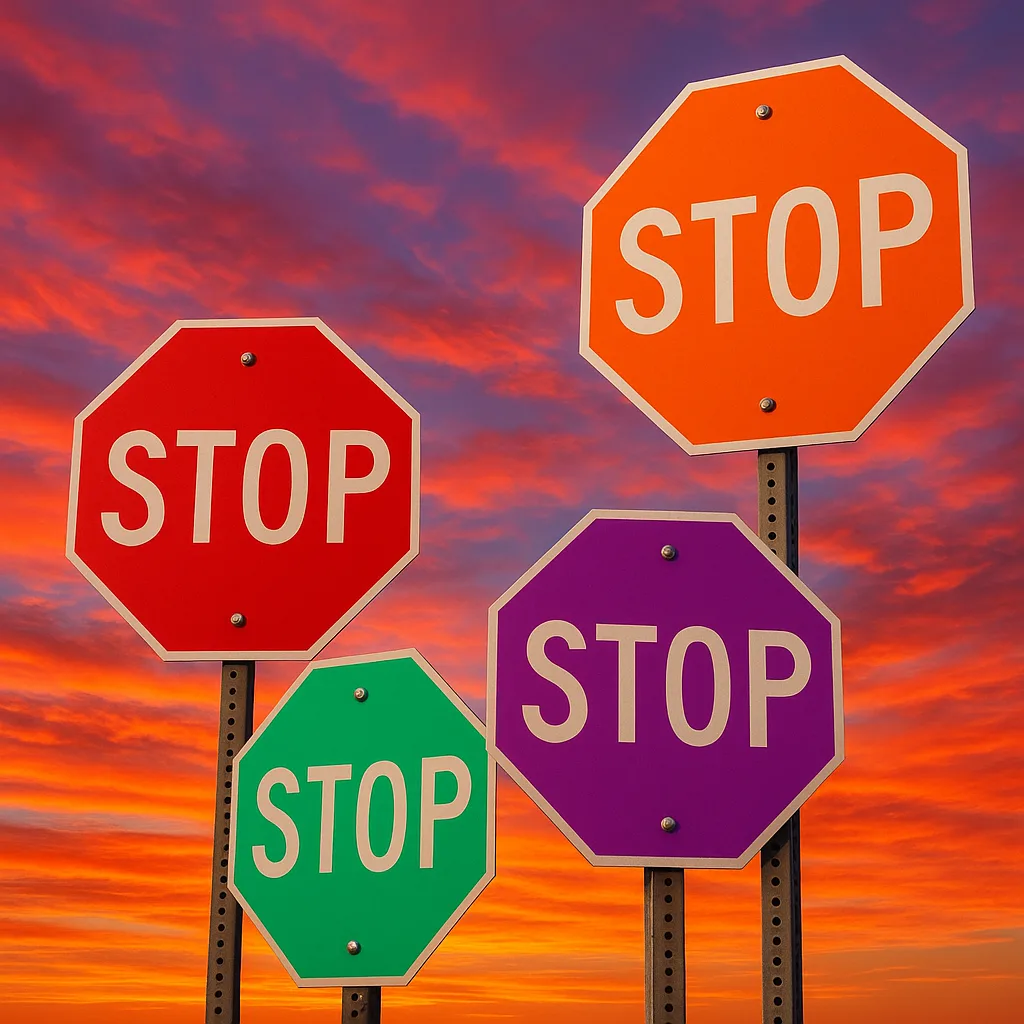 Four Vividly Colored Stop Signs Positioned at Varying Angles
