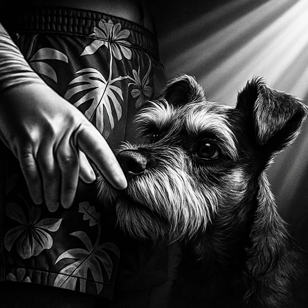 Satin-gloved Fingers Gently Stroke an Inquisitive Miniature Schnauzer's Nose