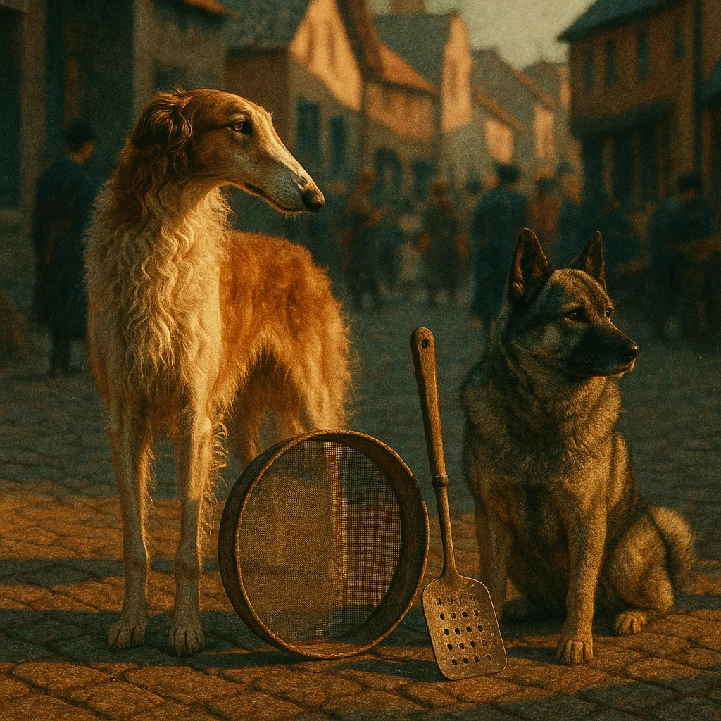 Borzoi and Norwegian Elkhound Pause by a Screen