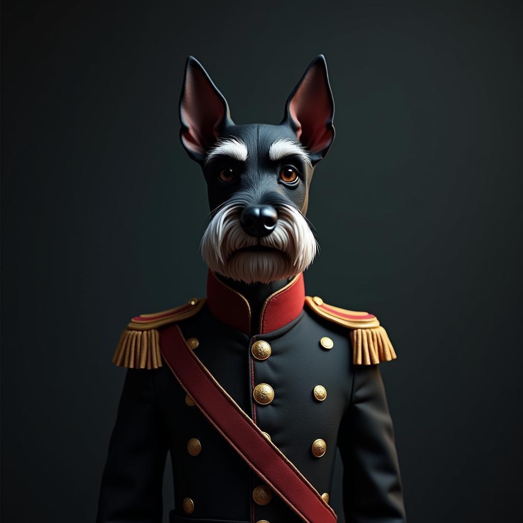 Stoic Miniature Schnauzer in Military Uniform